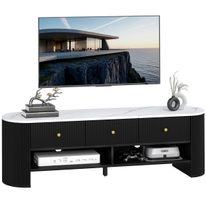 HOMCOM TV Stand with Storage, Modern TV Table with Marble-Effect Top, 3 Drawers and 2 Open Shelves for 32-65 Inch Television, Entertainment Center for Living Room, Black