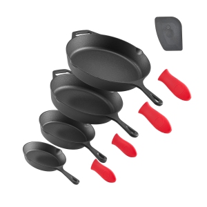 VEVOR 4-Piece Cast Iron Skillet, Frying Pan Set (6/8/10/12 in), Skillets with Heat-Resistant Silicone Handle, Pre-Seasoned Pan, for Oven, Gas, Electrical, Induction, Black