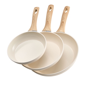 VEVOR 3-Piece Frying Pan Skillet(8/9.5/11in), Aluminum Pans, Nonsitck Ceramic Heavy-Duty Skillets with Heat-Resistant Handle, Kitchen Cookware for Gas, Electric, Induction, Beige