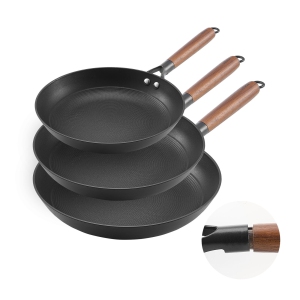 VEVOR 3-Piece Cast Iron Skillet, Frying Pan Set (8/10/12 in), Nonstick Skillets with Detachable Wood Handle, Pre-Seasoned Pan, Cookware for Gas, Electrical, and Induction, Black
