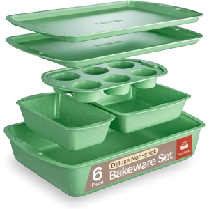 BAKKEN 6-Piece Baking Pan Set – Nonstick Green Marble Carbon Steel Bakeware, Oven Safe to 450°F, PFOA/PFOS/PTFE-Free, Durable & Stackable Kitchen Essentials
