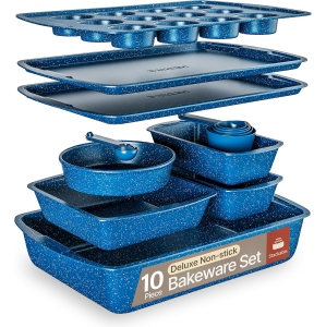 Blue Marble 10-Piece Bakeware Set – Nonstick Carbon Steel Pans, Stackable & Dishwasher Safe, PFOA/PFOS/PTFE Free, Oven Safe to 450°F, Stain-Resistant