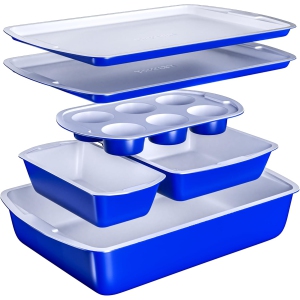 BAKKEN 6-Piece Baking Pan Set – Royal Blue Carbon Steel Bakeware with Gray Nonstick Coating, Oven Safe to 450°F, PFOA/PFOS/PTFE-Free, Kitchen Essential