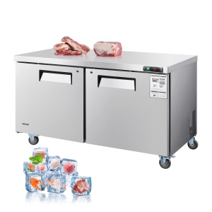 VEVOR 60" W Commercial Freezer, 14.8 Cu.Ft Worktop Freezers Undercounter with LED Auto Lighting and Lockable Door, 2 Doors Food Prep Worktable, Stainless Steel Prep Frozen Table