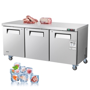VEVOR 72" W Commercial Freezer, 17.7 Cu.Ft Worktop Freezers Undercounter with LED Auto Lighting and Lockable Door, 3 Doors Food Prep Worktable, Stainless Steel Prep Frozen Table