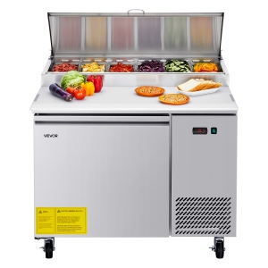 VEVOR 44" W Commercial Refrigerator,Pizza Prep Refrigerated Table, 20" Ultra Wide Countertop Food Prep Worktable, 11 Cu.Ft Single Door Salad Prep Fridge, 6 Pans Pizza Make Worktop