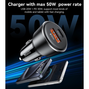 Yesido Aluminum Alloy USB+TC PD30W + USB20W Multi Protection 50W Fast Charging Car Charger