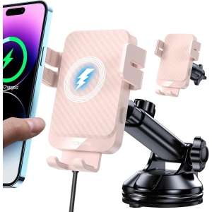 Wireless Car Charger Phone Holder, M 15W Fast Charging Auto-Clamping Car Mount Hands-Free Car Charger for Dashboard Windshield Air Vent for iPhone 16/15/14/13/12 -Light Pink