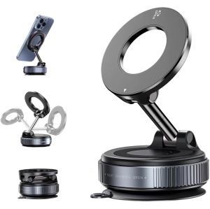 Vacuum Magnetic Suction Cup Phone Holder, Foldable Portable 360° Adjustable Magnetic Phone Holder for Car, Swivel Lock Car Phone Mount Compatible for All Smartphones/Car Models/Gy