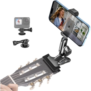 w Guitar Phone Holder - [Metal Magic Arm] Guitar Head Clip Cell Phone Mount for Bass/Electric/Ukulele/Acoustic/Aid Musician, for iPhone 16 15 14 13 12 11 Pro Max, S25, All Smartph