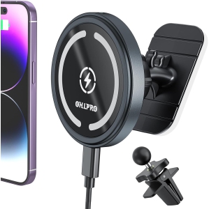 O MagSafe Car Mount Charger iPhone Wireless Car Charger, Stick on Dashboard Magnetic Phone Holder Mount for iPhone 16 Pro Plus Max 15 14 13 12 Series, 15W Fast Charging, Aluminum
