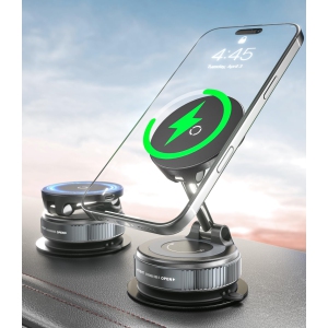 C 15W Fast Wireless Car Phone Holder Mount, Magnetic Charger with Super Strong Vacuum Suction, 360° Adjustable Foldable Stand for Car Dashboard, Designed for MagSafe iPhone 16/15/