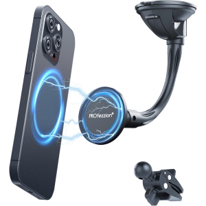 P Suction Cup & Vent Clip Magnetic Phone Holder Compatible with MagSafe on Car Windshield, Dash or Vent for iPhone 16 15 14 13 12 Pro Max Plus, Mag-Safe Case & All Phones [Aluminu