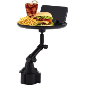 J Car Cup Holder Food Tray, Car Tray Table for Eating with Cell Phone Slot, Adjustable Car Snack Tray with 360° Rotating Swivel Arm and Adjustable Extendable Base