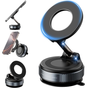 F for 360° Vacuum Magnetic Car Phone Holder, Foldable and Adjustable + Super Stable Suction Cup, Compatible with iPhone and Android, Suitable for Car/Glass/Any Smooth Surface (Bla