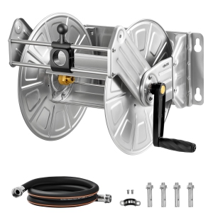VEVOR Wall Mounted Garden Hose Reel, Holds 150 ft 5/8-inch Water Hose Winder, Heavy-Duty Stainless Steel, Outdoor Manual Reel with Brass Fitting & Hose Guide, Space Saving