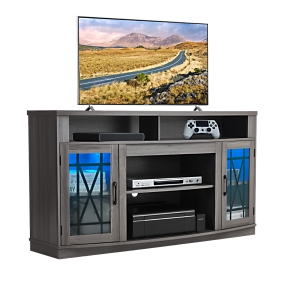 VEVOR TV Stand for TVs up to 65 inch, Farmhouse Entertainment Center with Light Strip, Wooden TV Cabinet Storage with Glass Doors and Adjustable Shelves, Console Table, Gray