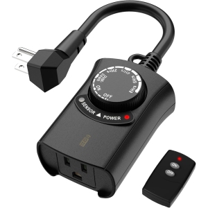 HBN Outdoor Light Timer: Waterproof & Weatherproof, Dusk-to-Dawn Photocell Sensor, Remote Control, 2-8H Countdown, 1 Grounded Outlet (Christmas Lights), 15A 1875W 1/2HP, Black