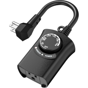 HBN Outdoor Light Timer: Waterproof, Dusk-to-Dawn Photocell + 2-8H Countdown, 1 Grounded Outlet (Xmas Lights, Halloween Decor), 15A 1875W 1/2HP, Black