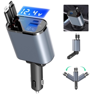 4 in 1 Retractable Car Charger, USB C Car Charger 100W with Dual Retractable Cables, Dual USB Ports, Voltage Display for iPhone, Android