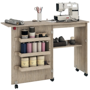 HOMCOM Folding Sewing Table, Rolling Sewing Machine Cabinet, Multipurpose Craft Table with Storage Shelf, Bins and Lockable Wheels for Small Space, Distressed Grey