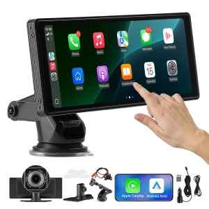 VEVOR 10-Inch Wireless Car Stereo, HD Portable Radio Touch Screen with Apple CarPlay and Android Auto, CarPlay Screen with Front & Backup Cameras, Voice Control, Mirror Link