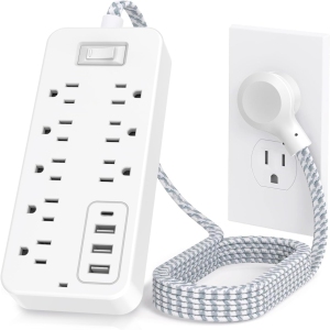 Extension Cord Surge Protector Power Strip - Flat Plug Braided Power Bar with 8 Widely Outlets and 4 USB Ports(1 USB C), Multi Plug Wall Mount Desk USB Charging Station