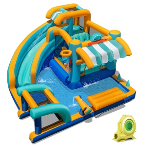 Costway Inflatable Water Park with Market Stand Climbing Wall Basketball Rim 735W Blower