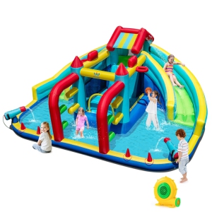 Costway Inflatable Water Park with Climbing Wall Splash Pool Water Cannons 680W Blower