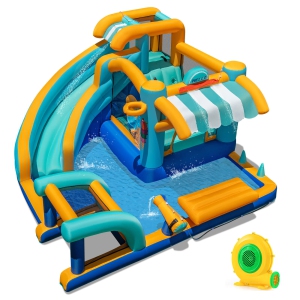 Costway Inflatable Water Park with Market Stand Climbing Wall Basketball Rim 680W Blower