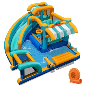 Costway Inflatable Water Park with Market Stand Climbing Wall Basketball Rim 750W Blower