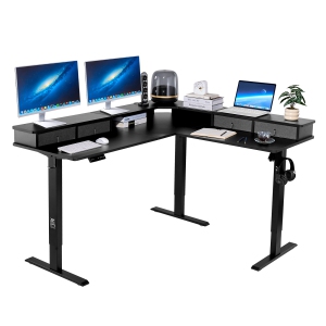 VEVOR L Shaped Desk, Electric Adjustable Height Corner Gaming Desk with CPU Stands, Dual Hooks and Fabric Drawers, L-Shaped Computer Table with Power Strip for Home Office, Black