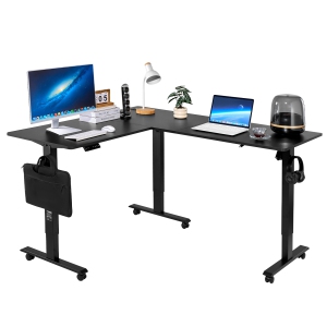 VEVOR L Shaped Desk, Electric Adjustable Height Corner Gaming Desk with Dual Hooks and Wheels,Heavy Duty Carbon Steel L-Shaped Computer Table with Power Strip for Home Office,Black
