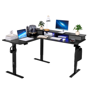 VEVOR L Shaped Desk, Electric Adjustable Height Corner Gaming Desk with CPU Stand, Dual Hooks and Fabric Drawers, L-Shaped Computer Table with Light Strip for Home Office, Black
