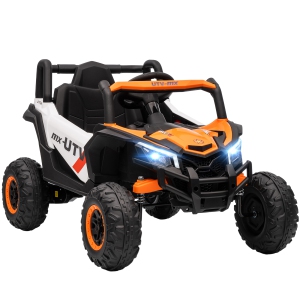 Qaba 12V Kids Ride On Car with Remote Control, Battery Powered Electric UTV with Slow Start, 4-Wheel Suspension, LED Lights, Music, USB Port, Max 4.4 MPH, for 3-5 Years, Orange