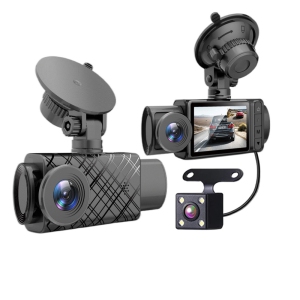 3-lens dash cam - HD 1080P recording for front, interior, and rear vehicles, with Wi-Fi, night vision, and parking assistance, 2-inch IPS screen, and loop recording (+64GB)