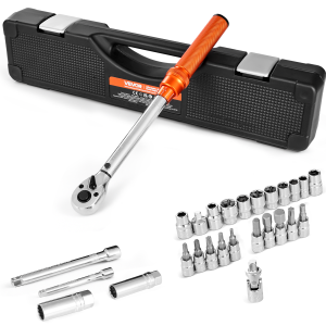 VEVOR 72-Tooth Click Torque Wrench Set, 3/8 Inch Drive, 5-60 N.m / 3.7-44.3 lbf.ft, Dual-direction, ±3% High Precision, with Sockets, Bits, Extension Bar, Spark Plug Sockets,Orange