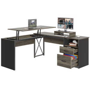 Bestier Lift Top L Shaped Desk with File Drawer, 55'' x 55'' Office Desk with Reversible Storage Drawers, L Shaped Standing Desk with Computer Monitor Stand