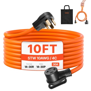 VEVOR 10 ft Dryer Extension Cord, 4-Prong NEMA 14-30P to 14-30R Dryer Cord, 125V/250V, STW 10AWG/4C, 30A, Pure Copper Wire Cable with Black Non-woven Bag and PVC Cable Tie