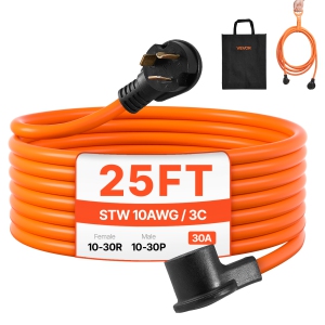 VEVOR 25 ft Dryer Extension Cord, 3-Prong NEMA 10-30P to 10-30R Dryer Cord, 125V/250V STW 10AWG/3C, 30A, Pure Copper Wire Cable with Black Non-woven Bag and PVC Cable Tie