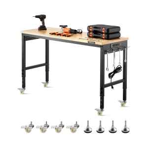 VEVOR Table de Travail Ajustable de 60 Pouces, Charge de 2000 lbs, Table de Travail avec Prise Électrique, Roues et Panneau Perforé, Table de Travail en Bois de Chêne Robuste pour Garage, Atelier, Bureau et Maison