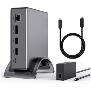 Station d'accueil pour ordinateur portable, station d'accueil à triple affichage PD3.1 avec 140W de puissance, HDMI 8K@30Hz/4K@144Hz * 2 + Displayport, USB-C 10Gbps, 2 * USB-A 5Gbps, Ethernet Gigabit, audio/micro, pour Windows