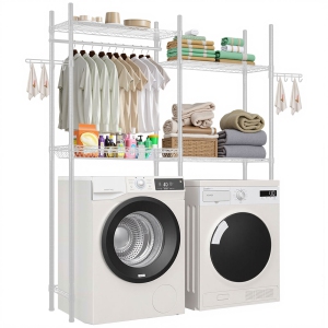 VEVOR 4 Tiers Over Washer and Dryer Storage Shelves, Laundry Room Drying Rack with Hanger Rod and Hooks, Two Rows Adjustable Washer Shelves Space Saver, for Laundry Room, White