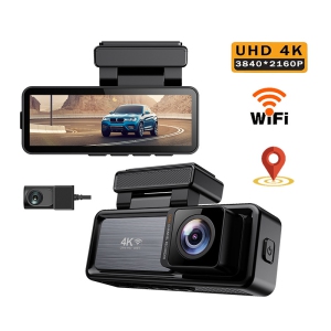 4K dual-camera dashcam with WiFi and GPS, 3.2-inch screen, HD wide-angle monitoring, G-sensor, night vision, loop recording, and in-car DVR (with 256GB memory card)