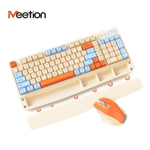 Meetion Cute Wireless Keyboard and Mouse — Colorful Mixed-Color Keycaps, Detachable Palm Rest with Hidden Storage, Multi-Device Bluetooth & 2.4GHz, Rechargeable, for Windows/Mac