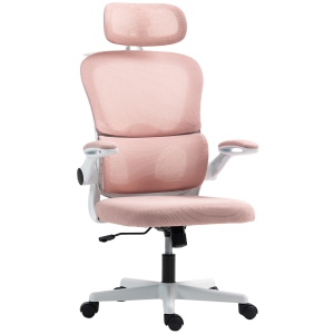 HOMCOM chaise de bureau ergonomique avec accoudoir encastrable, chaise de bureau en mesh avec cintre, accoudoirs rotatifs, support lombaire réglable, Tilt fonction pour bureau, rose