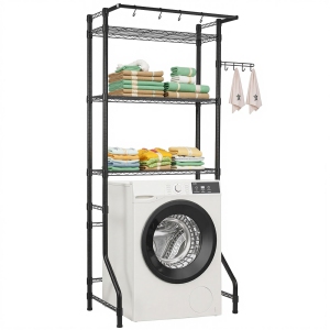 VEVOR 3 Tiers Over Washer and Dryer Storage Shelf, Laundry Room Drying Rack with Hanger Rod and Hooks, Single Row Adjustable Washer Shelves Space Saver, for Laundry Room, Black
