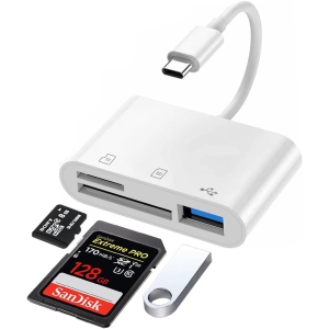 USB C SD Card Reader for iPhone 16 15, 3 in 1 USB-C Memory Camera Card Reader with SD MicroSD USB 3 Ports for iPhone 15 16, iPad Pro MacBook and More USB-C Devices