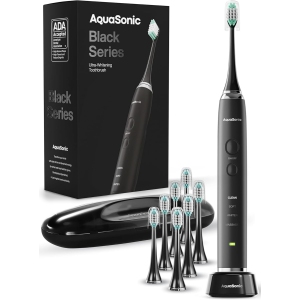 Aquasonic Black Series Ultra Whitening Toothbrush – ADA Accepted electric toothbrush- 8 Brush Heads & Travel Case – 40,000 VPM Electric Motor & Wireless Charging - 4 Modes w Smart