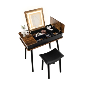 Bedroom Vanity Set with Flip-Top LED Mirror, USB, and Comfortable Stool